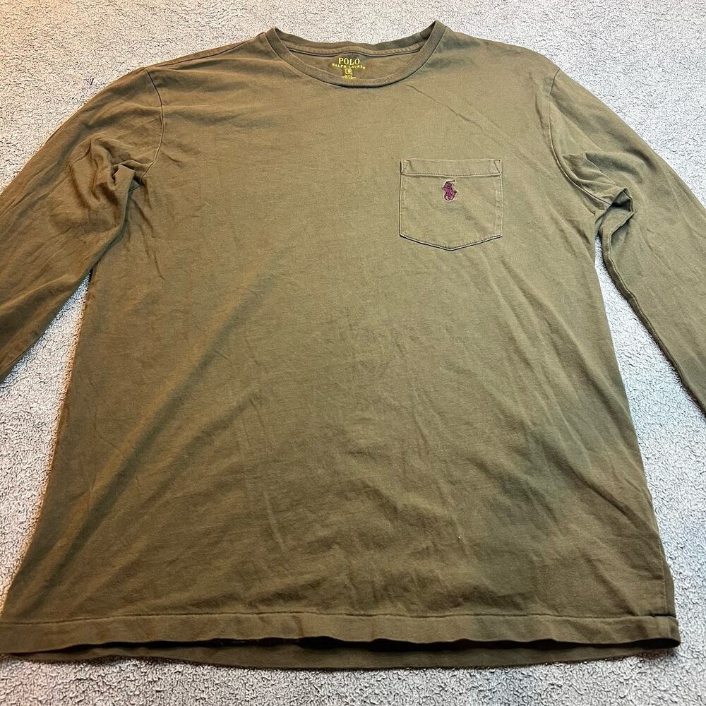 Polo Ralph Lauren Men's Small Long Sleeve Pocket T-Shirt Olive Green Cotton Pony